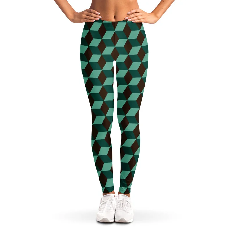 Great Deals Dark Green Geometric Cube Pattern Print Women's Leggings