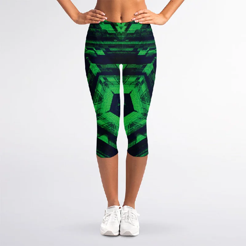 TIME-Limited Offer Dark Green Kaleidoscope Print Women's Capri Leggings