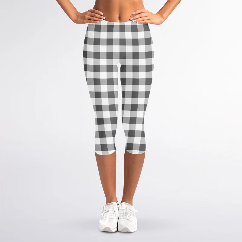 Special Price Dark Grey And White Gingham Print Women's Capri Leggings