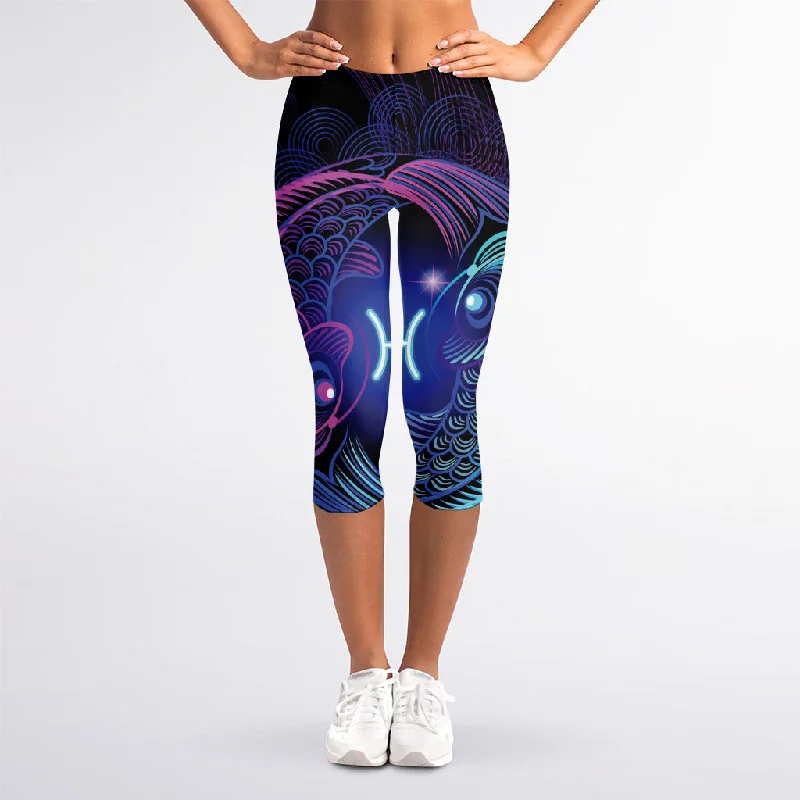 Online Only Dark Pisces Zodiac Sign Print Women's Capri Leggings