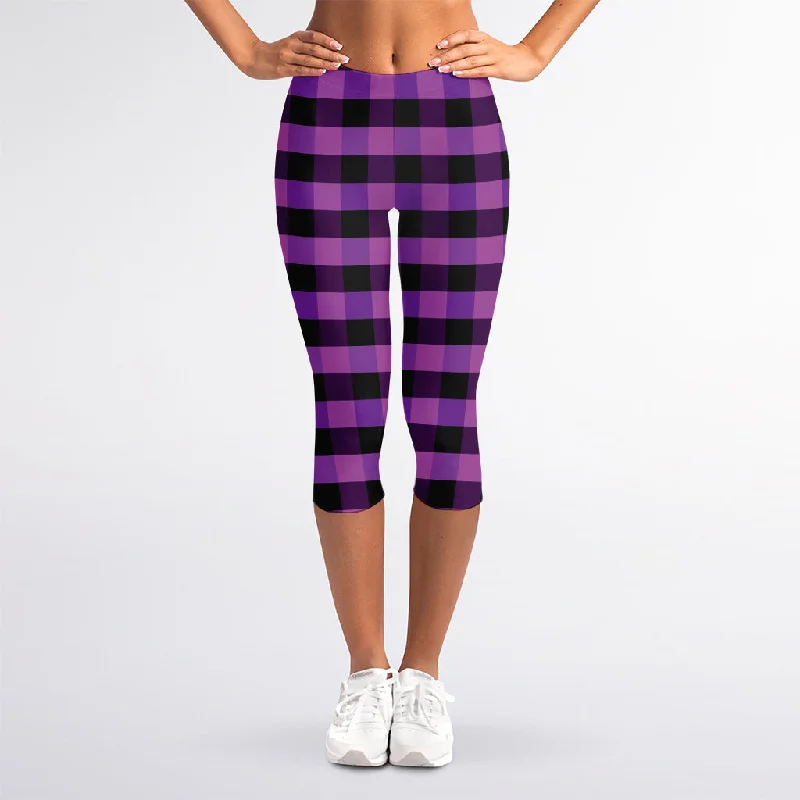 Hurry In Dark Purple Check Pattern Print Women's Capri Leggings