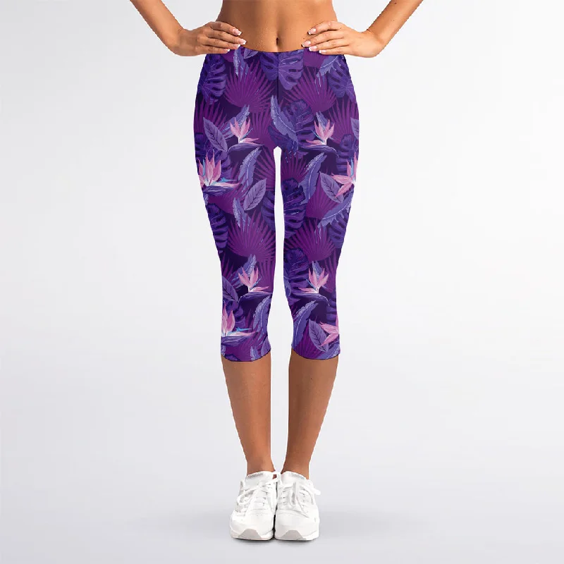 Final Markdown Dark Purple Hawaiian Tropical Print Women's Capri Leggings