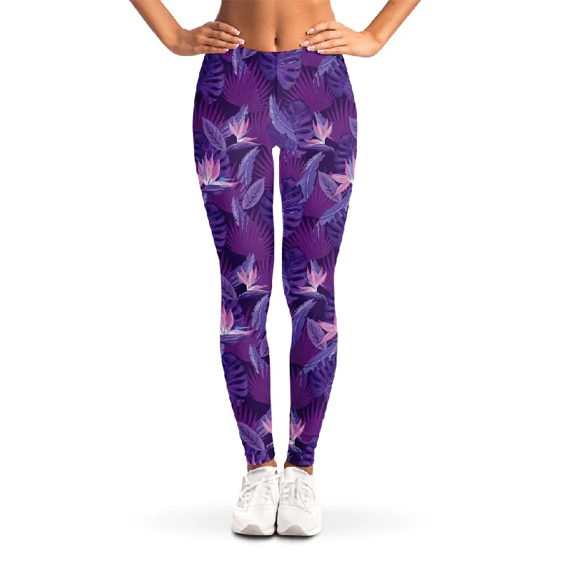 Big Savings Dark Purple Hawaiian Tropical Print Women's Leggings
