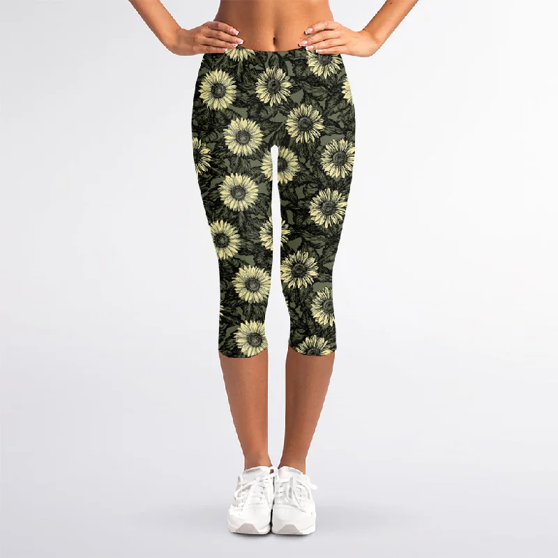 Big Discounts Dark Sunflower Pattern Print Women's Capri Leggings