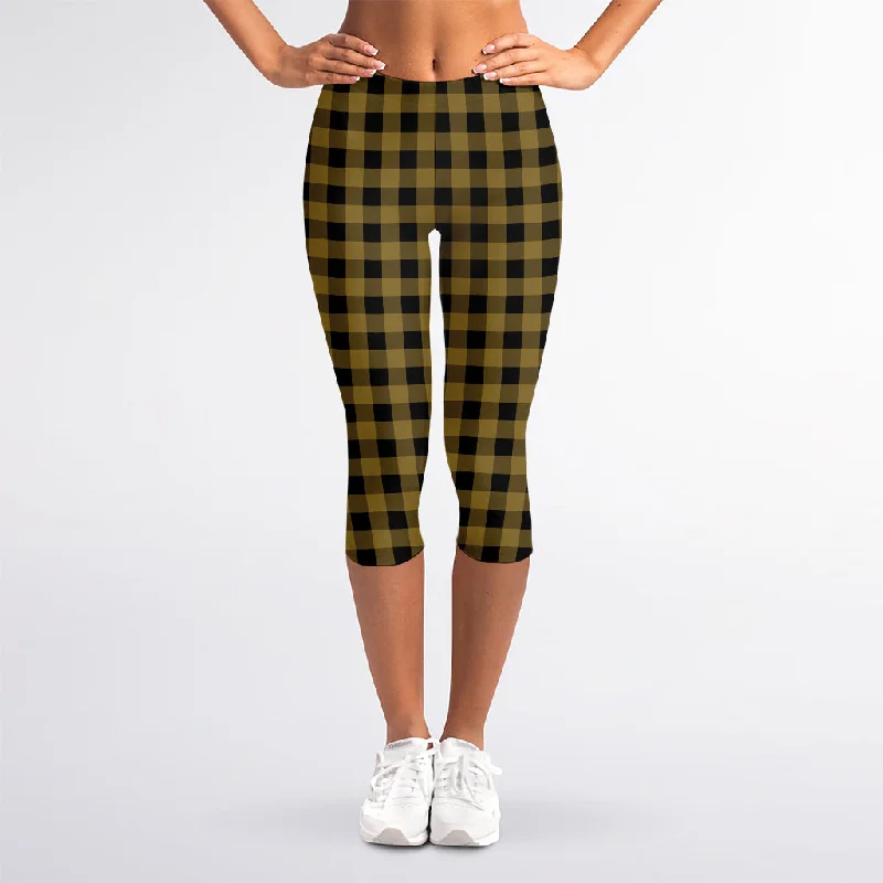 Amazing Deals Dark Tan And Black Check Pattern Print Women's Capri Leggings