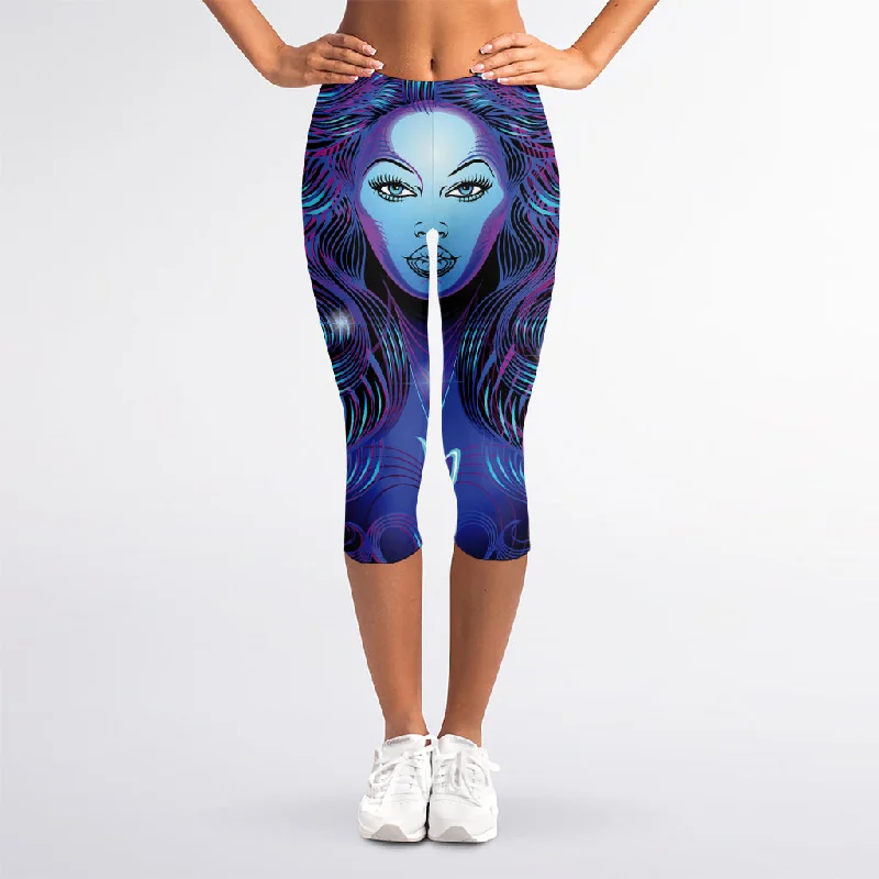 Discount Days Dark Virgo Zodiac Sign Print Women's Capri Leggings