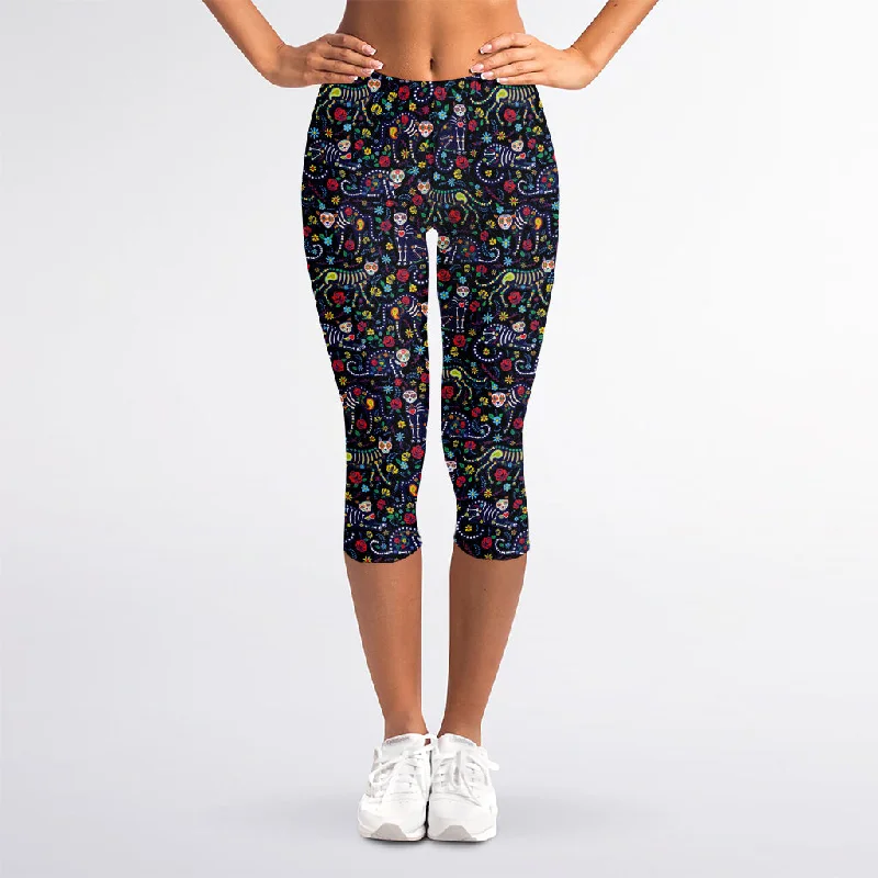 Mega Deal Day Of The Dead Calavera Cat Print Women's Capri Leggings