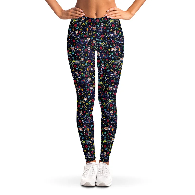 Major Savings Day Of The Dead Calavera Cat Print Women's Leggings