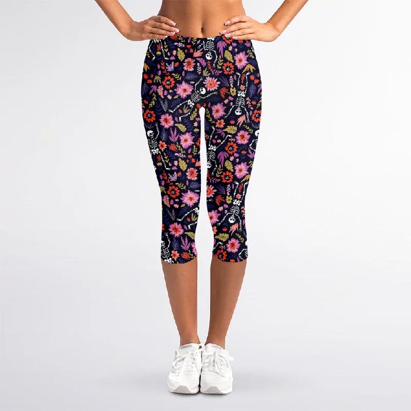 Instant Savings Day Of The Dead Skeleton Pattern Print Women's Capri Leggings