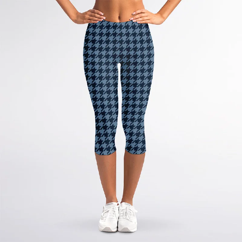Limited Time Discount Deep Blue Houndstooth Pattern Print Women's Capri Leggings