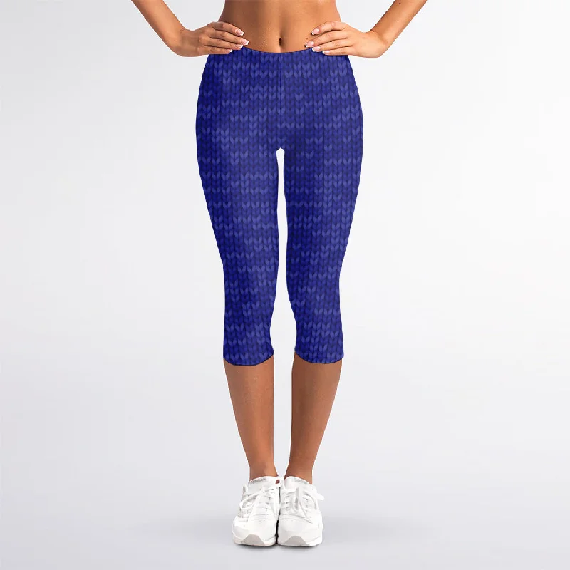 Special Buy Deep Blue Knitted Pattern Print Women's Capri Leggings