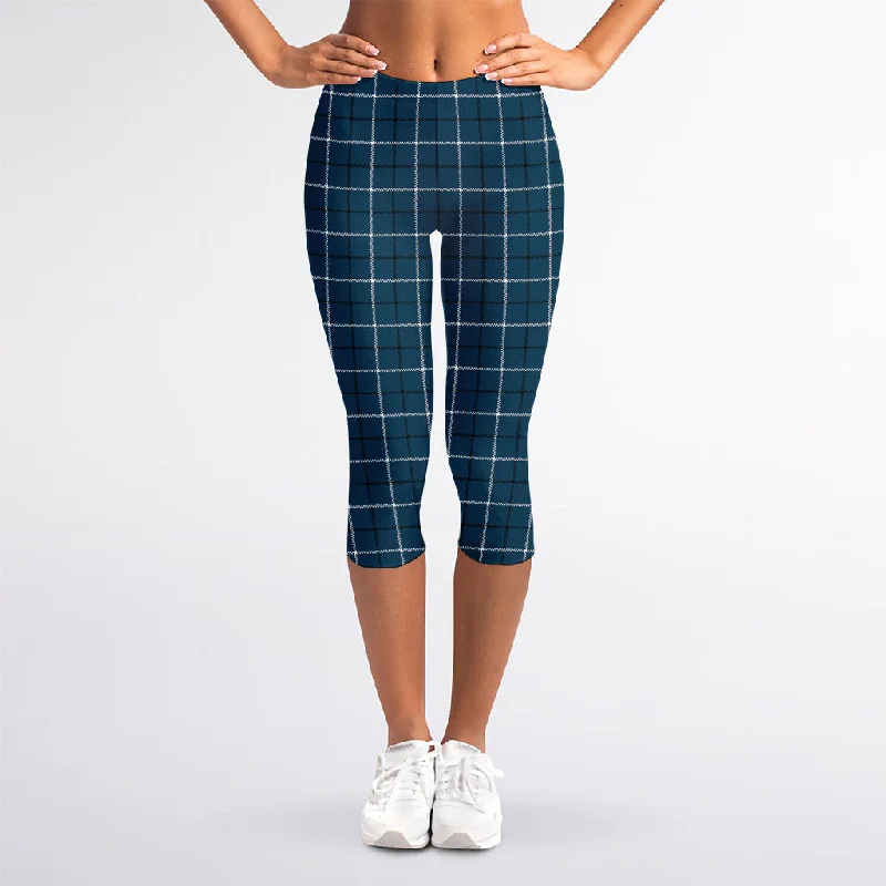 Clearance Event Deep Blue Tattersall Pattern Print Women's Capri Leggings