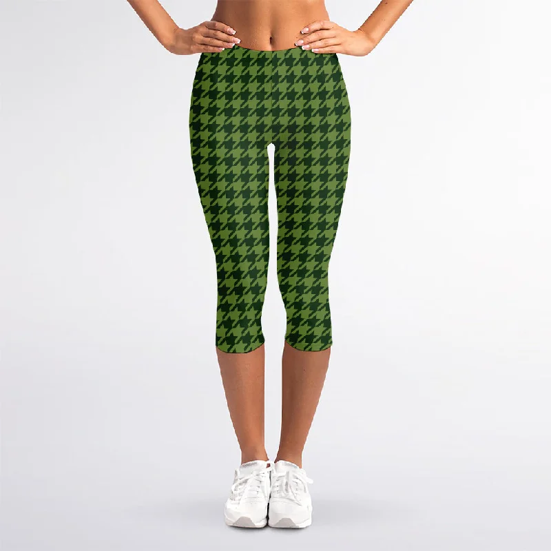 Year-End Sale Deep Green Houndstooth Pattern Print Women's Capri Leggings