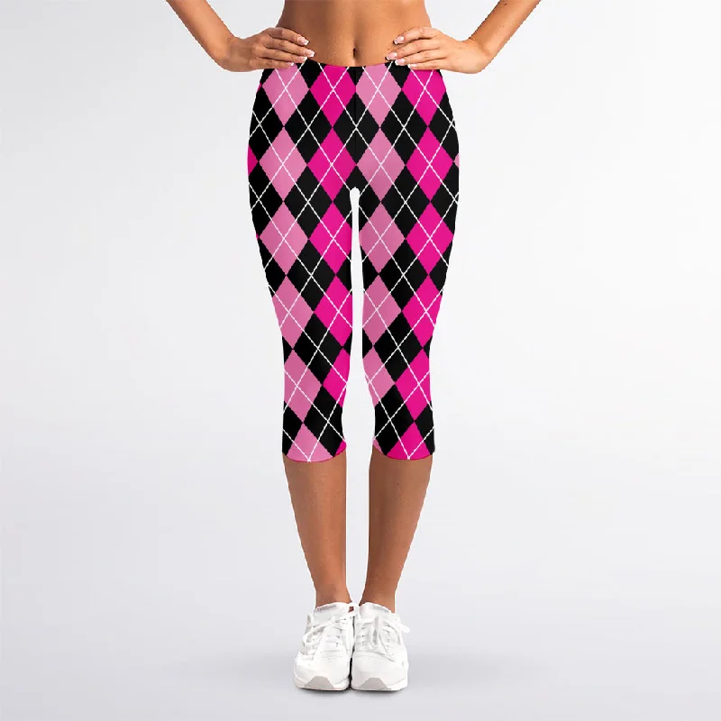 Midnight Sale Deep Pink And Black Argyle Pattern Print Women's Capri Leggings