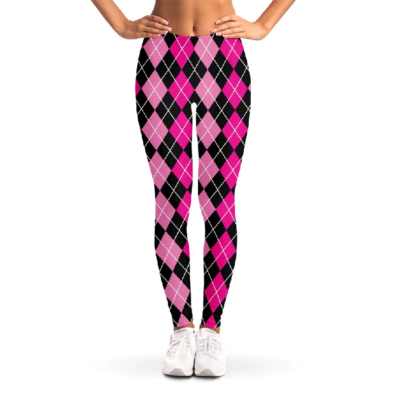 Amazing Deals Deep Pink And Black Argyle Pattern Print Women's Leggings