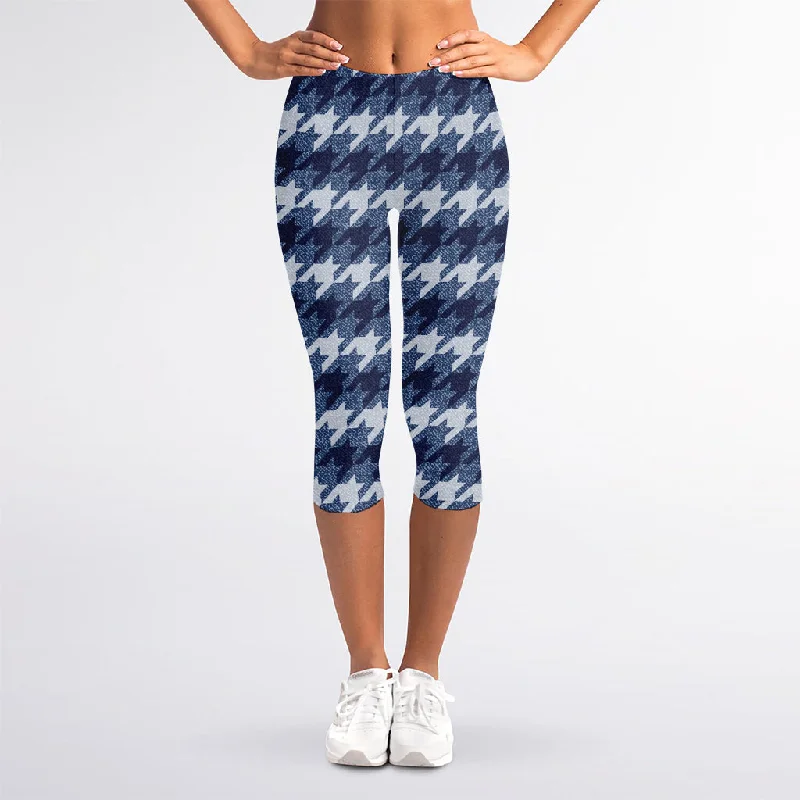 Exclusive Online Offer Denim Houndstooth Pattern Print Women's Capri Leggings