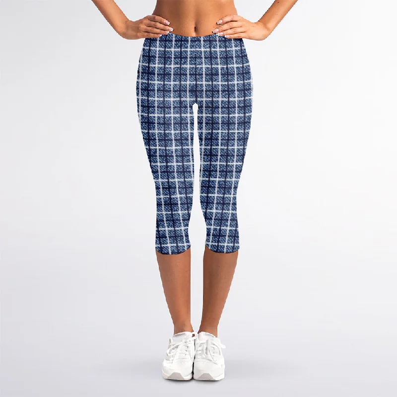 Special Offer Denim Tattersall Pattern Print Women's Capri Leggings