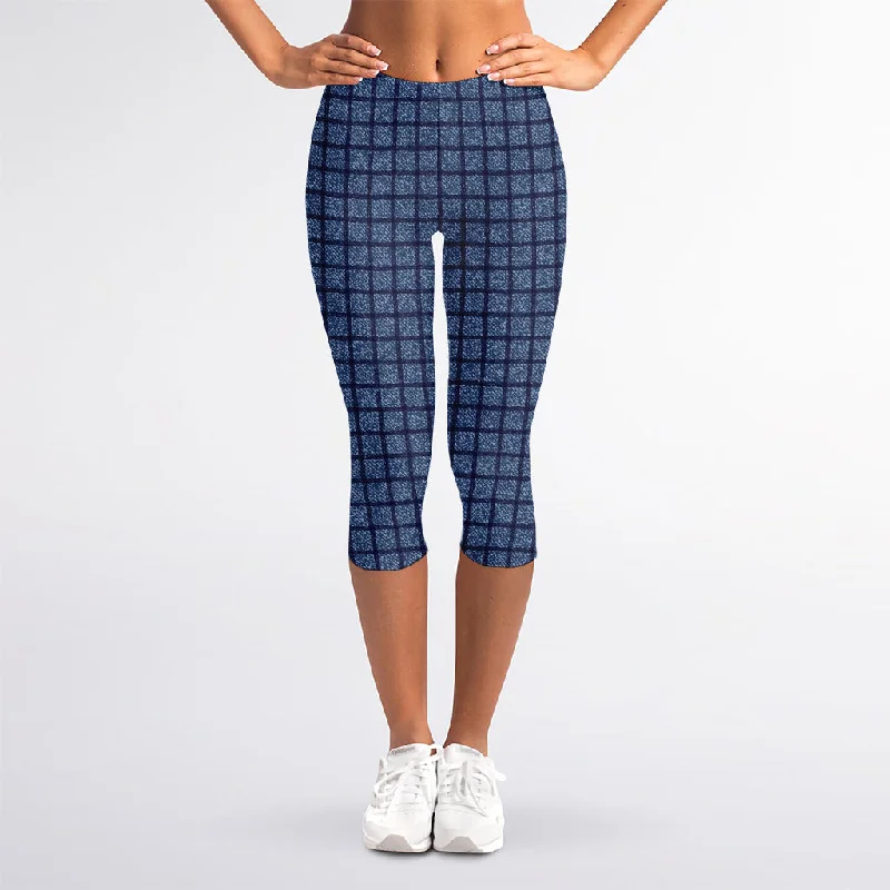 New Arrival Denim Windowpane Pattern Print Women's Capri Leggings
