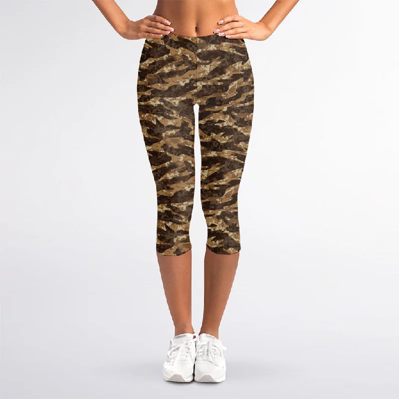 Weekend Deal Desert Tiger Stripe Camouflage Print Women's Capri Leggings