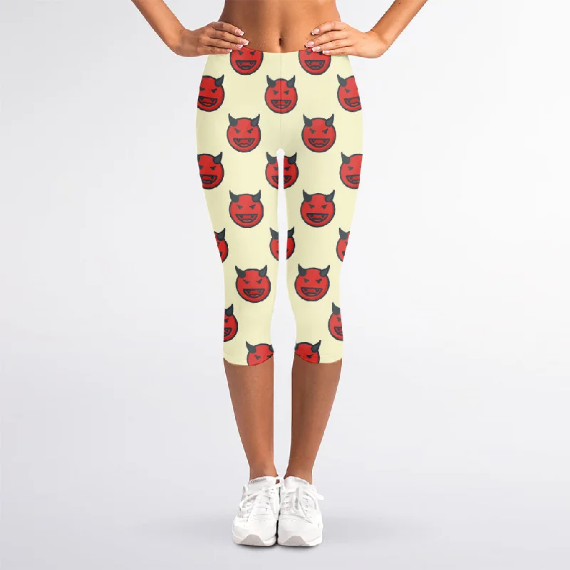 Super Bargain Devil Emoji Pattern Print Women's Capri Leggings