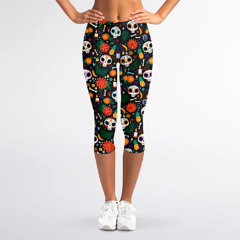 Unbeatable Prices Dia De Los Muertos Day Of The Dead Print Women's Capri Leggings
