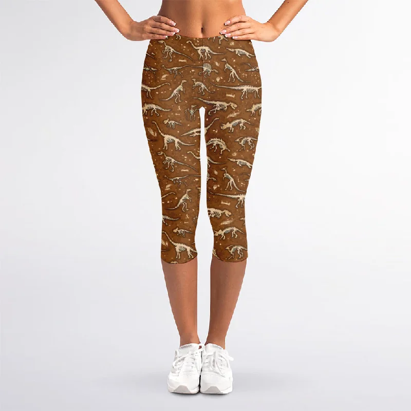 Don't Wait Dino Skeleton Fossil Pattern Print Women's Capri Leggings