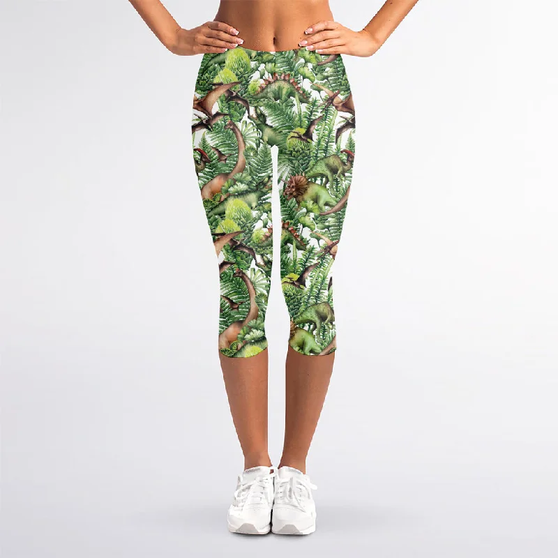 Online Only Dinosaur And Prehistoric Plants Print Women's Capri Leggings