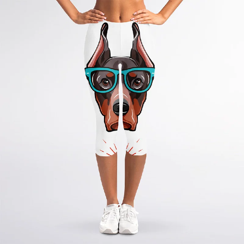 Crazy Deals Dobermann With Glasses Print Women's Capri Leggings