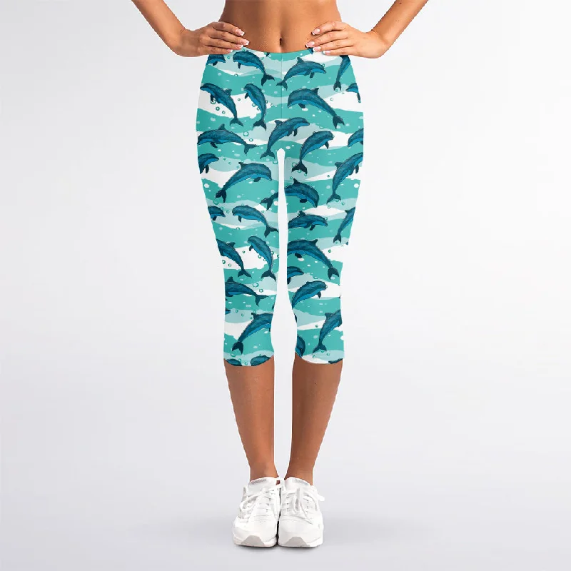Act Fast Dolphins In The Ocean Pattern Print Women's Capri Leggings