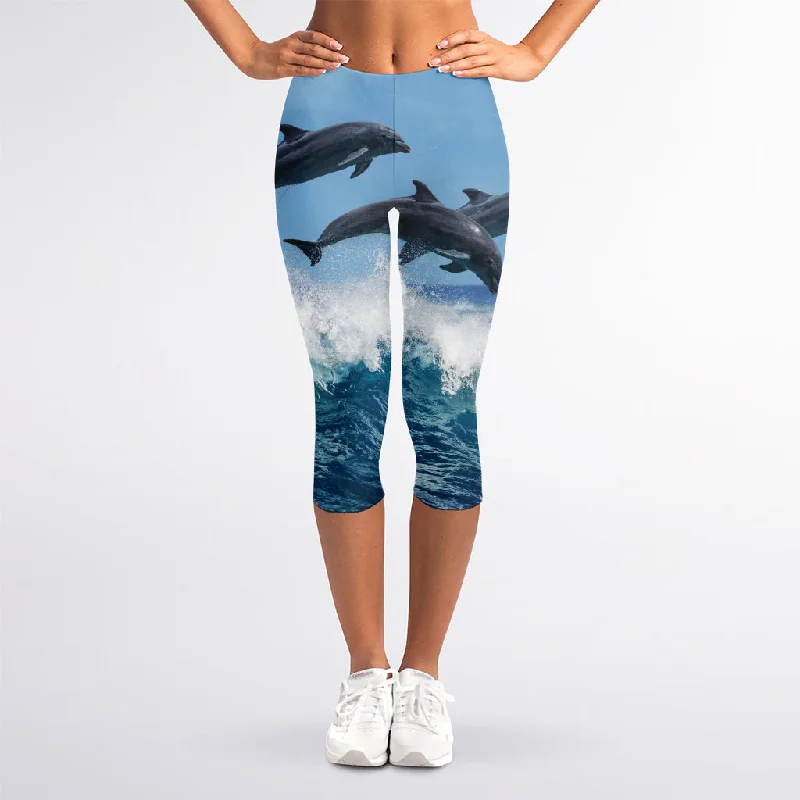 Huge Savings Dolphins Jumping Over Waves Print Women's Capri Leggings