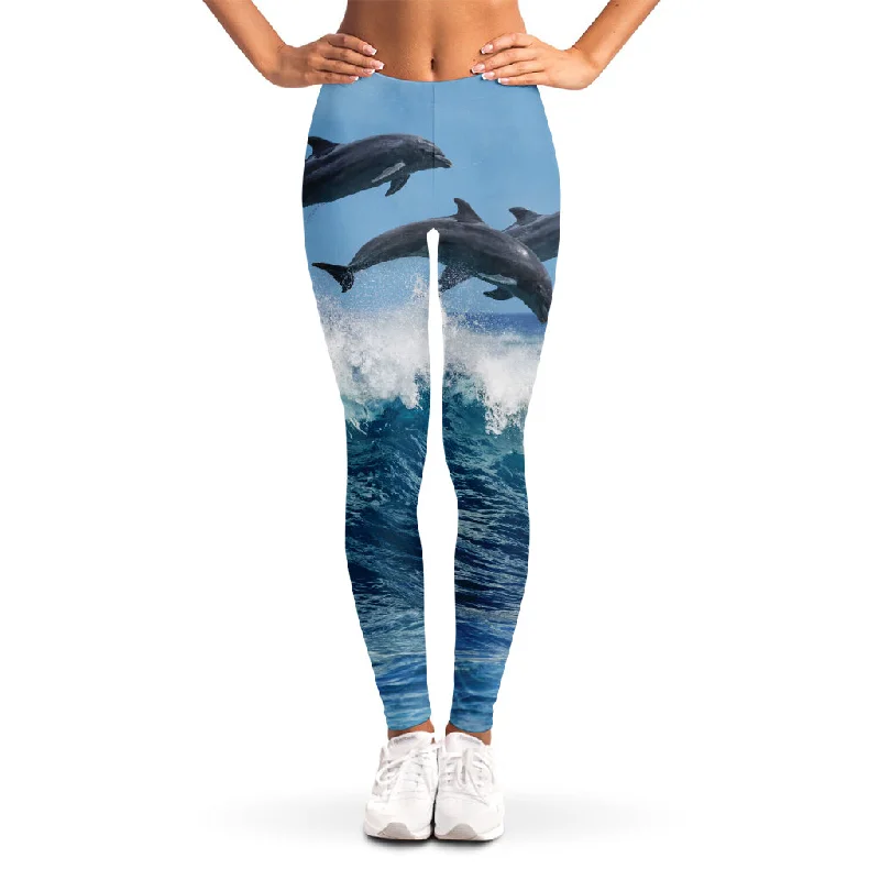 Take Advantage Dolphins Jumping Over Waves Print Women's Leggings