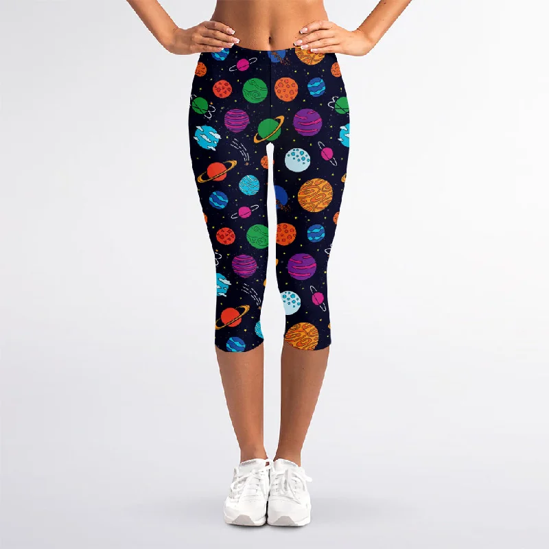 Final Sale Doodle Planets Pattern Print Women's Capri Leggings
