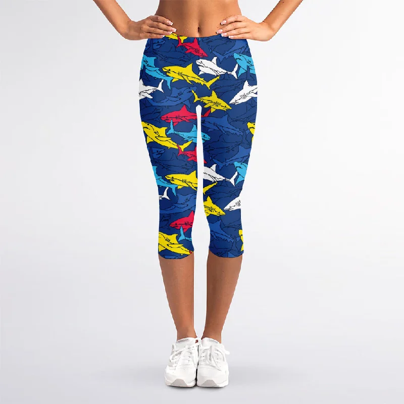 Act Now Doodle Shark Pattern Print Women's Capri Leggings