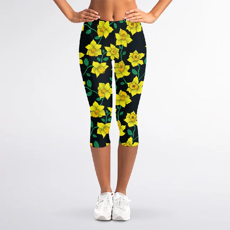 New Markdowns Drawing Daffodil Flower Pattern Print Women's Capri Leggings