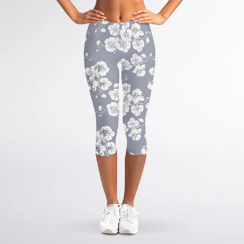 Instant Discount Drawing Orchid Pattern Print Women's Capri Leggings