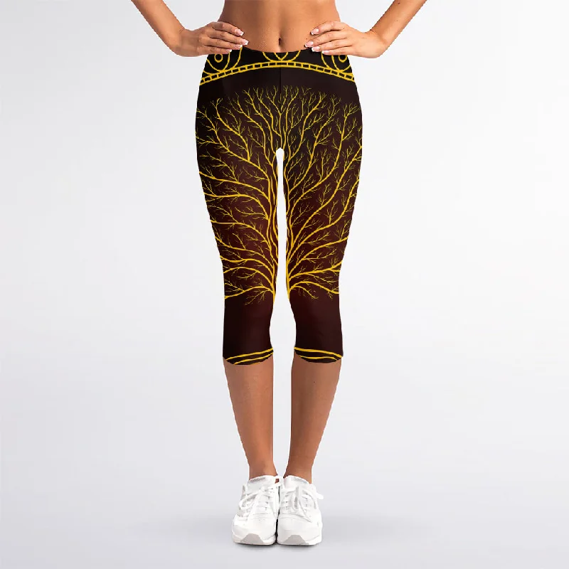 Closeout Druidic Yggdrasil Tree Print Women's Capri Leggings