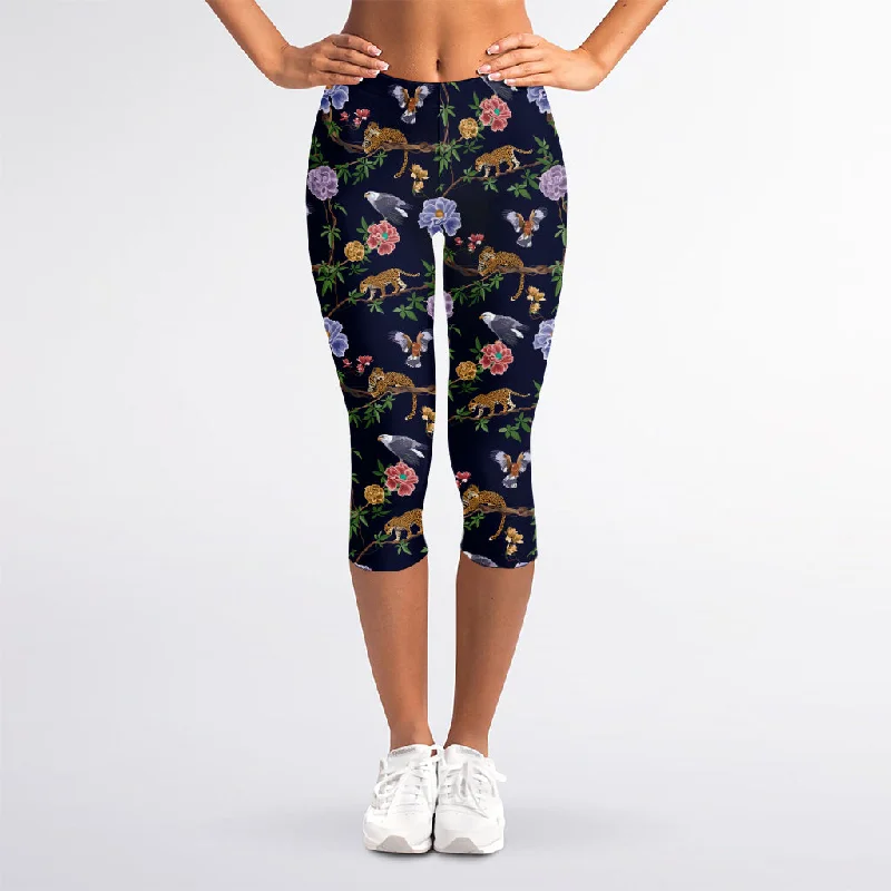 Don't Wait Eagle And Jaguar Pattern Print Women's Capri Leggings