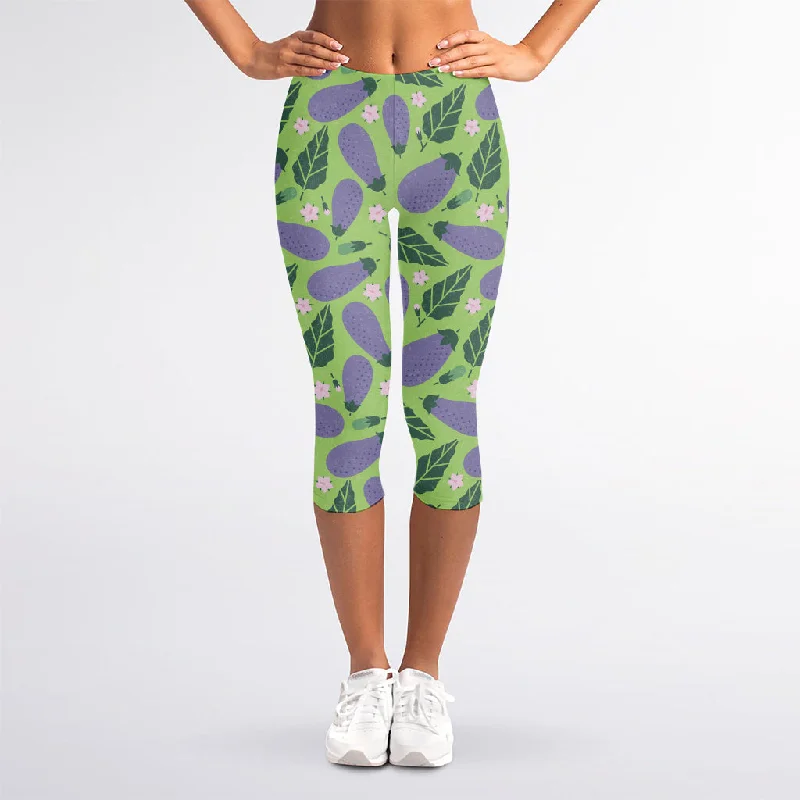 Savings Spectacular Eggplant With Leaves And Flowers Print Women's Capri Leggings