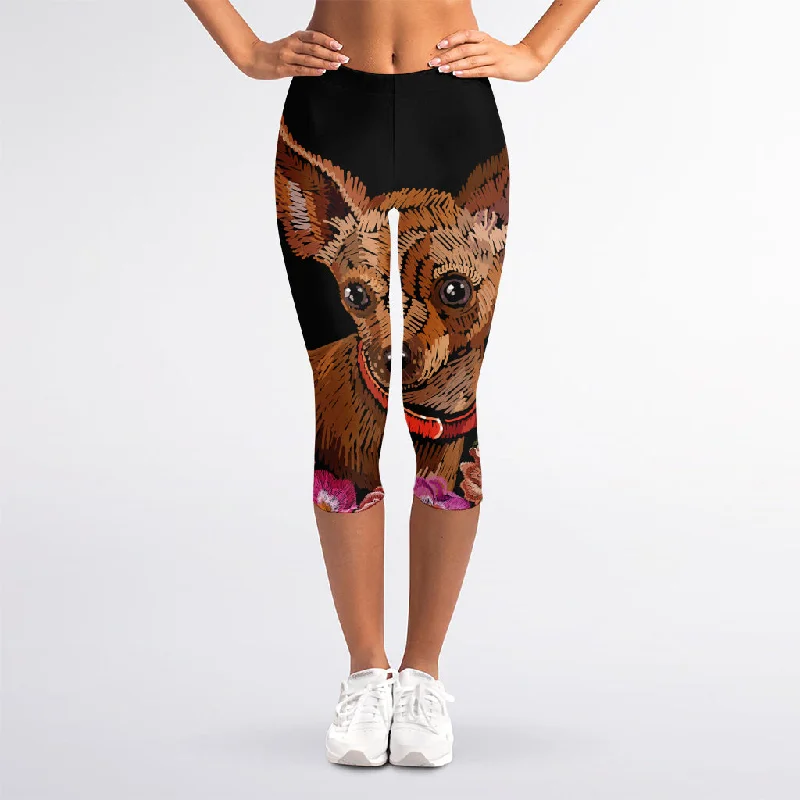 Last Chance Embroidery Chihuahua And Flower Print Women's Capri Leggings
