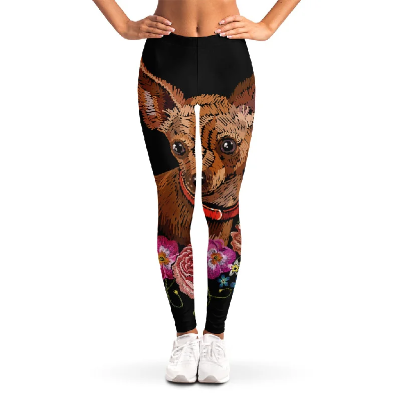 Buy Now Embroidery Chihuahua And Flower Print Women's Leggings