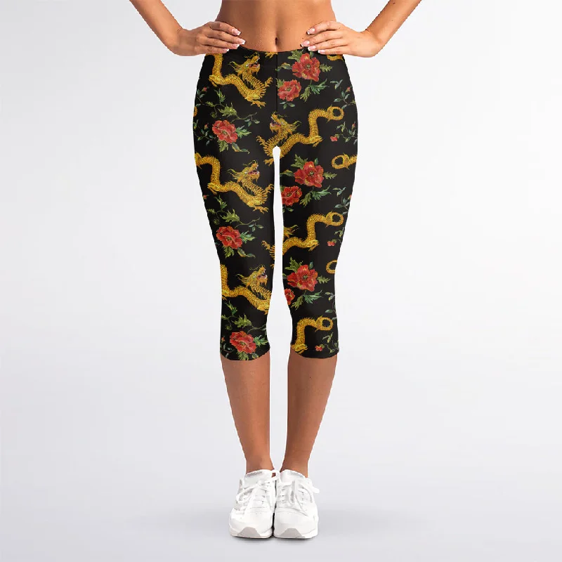 Exclusive Online Offer Embroidery Chinese Dragon Pattern Print Women's Capri Leggings