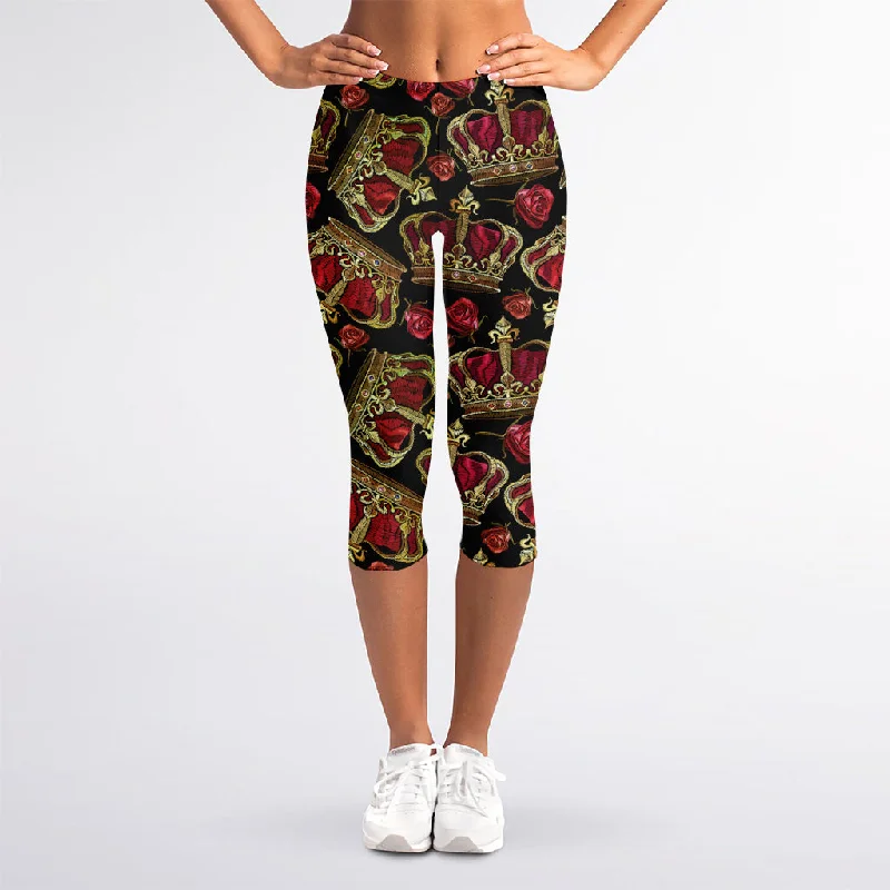 Seasonal Sale Embroidery Crown Pattern Print Women's Capri Leggings