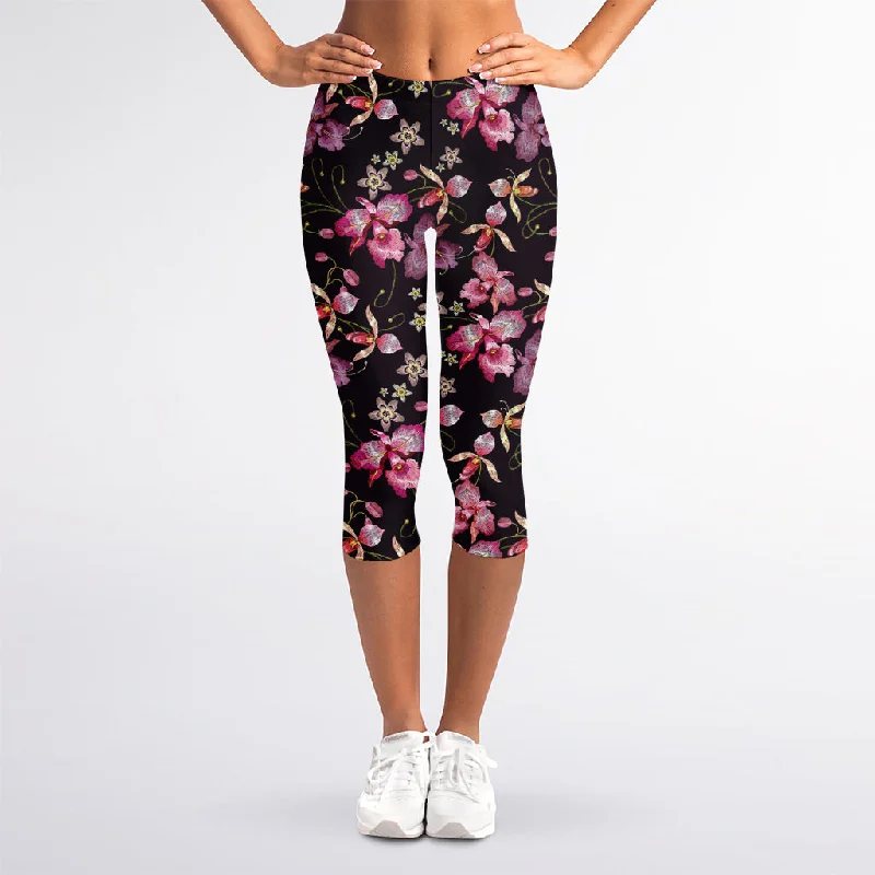 Deal of the Day Embroidery Orchid Flower Pattern Print Women's Capri Leggings