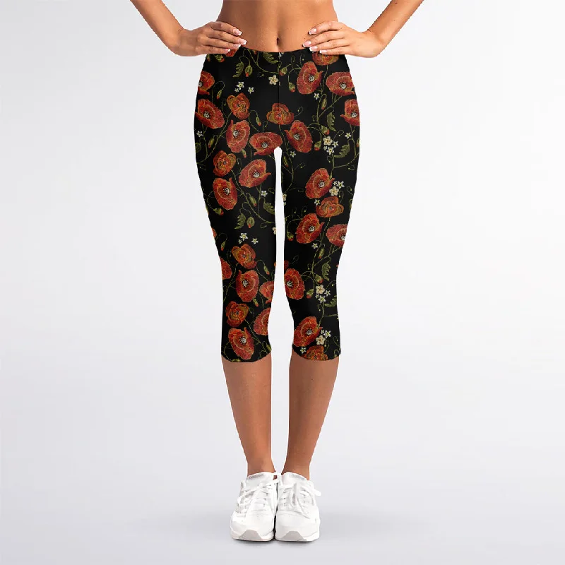 Limited Time Offer Embroidery Poppy Pattern Print Women's Capri Leggings