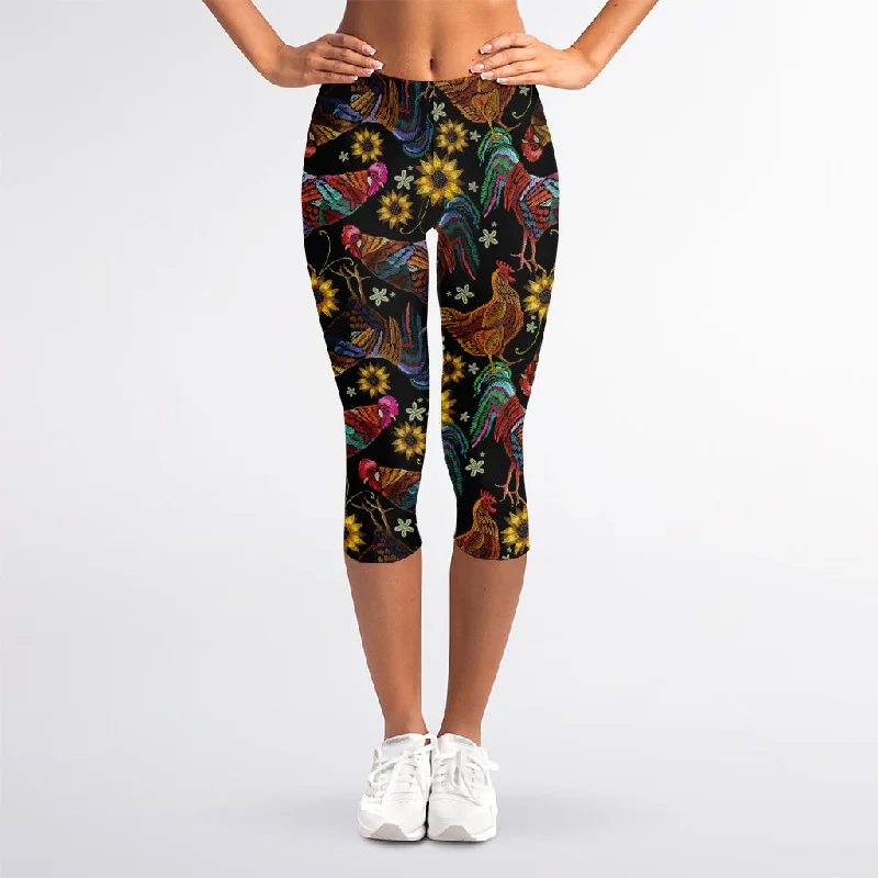 Weekend Deal Embroidery Rooster Pattern Print Women's Capri Leggings