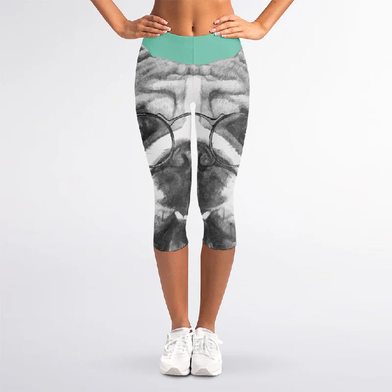 Lowest Price English Bulldog With Glasses Print Women's Capri Leggings