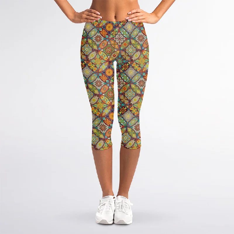 Online Specials Ethnic Mandala Patchwork Pattern Print Women's Capri Leggings