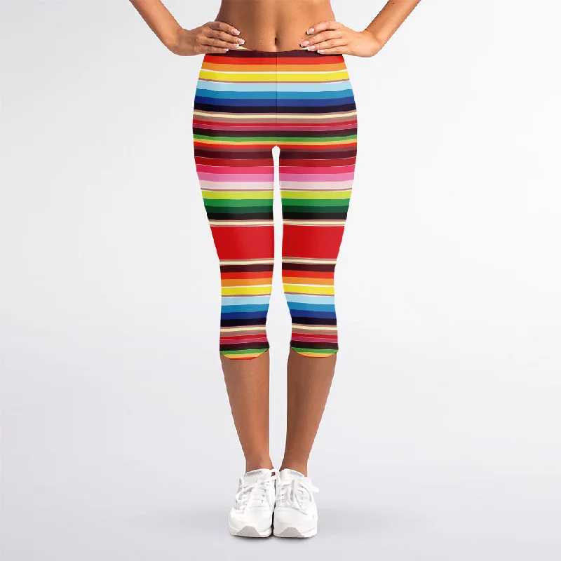 Big Discounts Ethnic Mexican Blanket Stripe Print Women's Capri Leggings