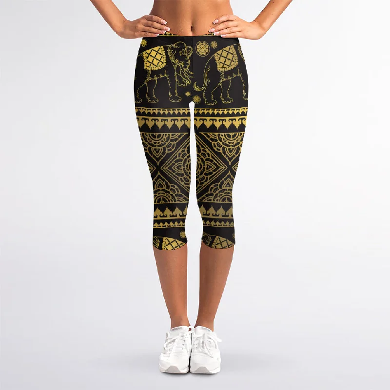 Act Now Ethnic Thai Elephant Pattern Print Women's Capri Leggings
