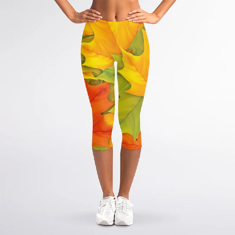 Great Deals Fall Autumn Maple Leaves Print Women's Capri Leggings